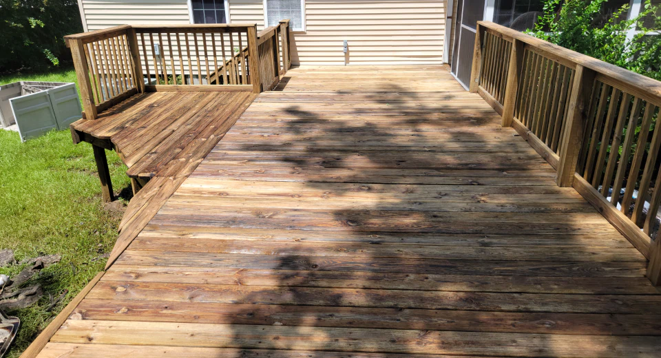 a recently pressure washed deck